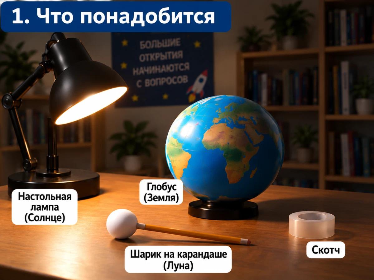 Лампа, глобус, маленький шарик на карандаше и скотч для опыта с затмениями