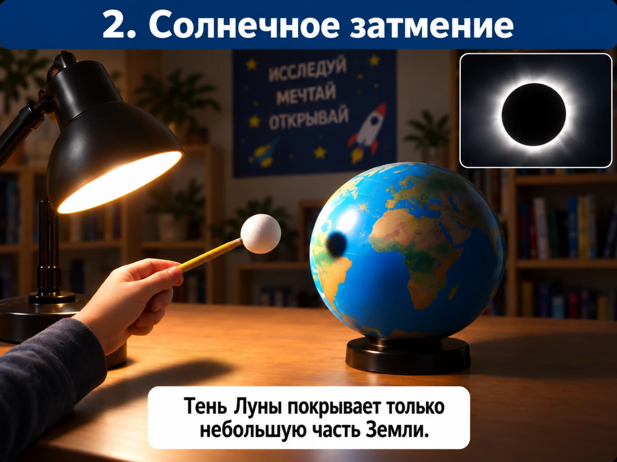 Маленький шарик между лампой и глобусом отбрасывает тень на Землю — модель солнечного затмения