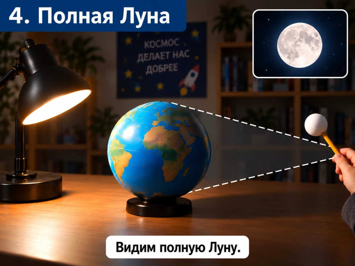Модель полной Луны: маленький шарик находится за Землёй, но не попадает в её тень