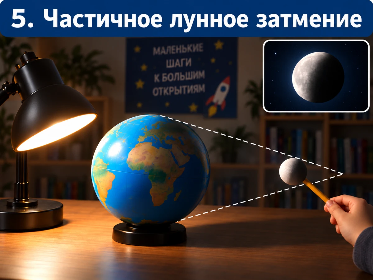 Маленький шарик частично входит в конус тени Земли — модель частичного лунного затмения