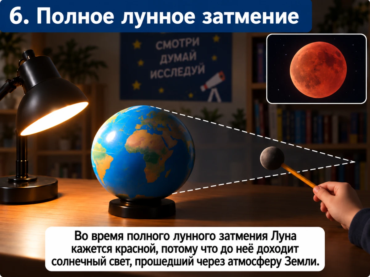 Маленький шарик полностью находится в тени Земли — модель полного лунного затмения