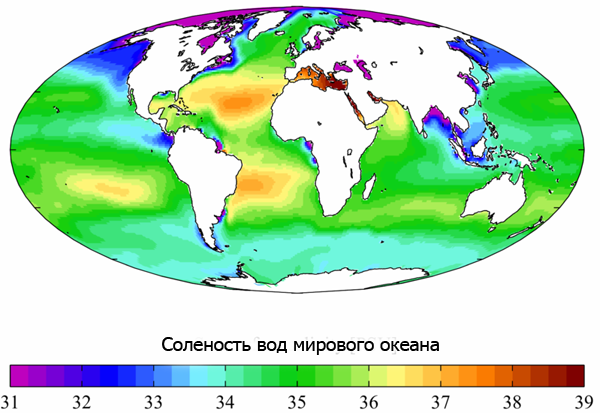 Среднегодовая солёность воды Мирового океана (в промилле)